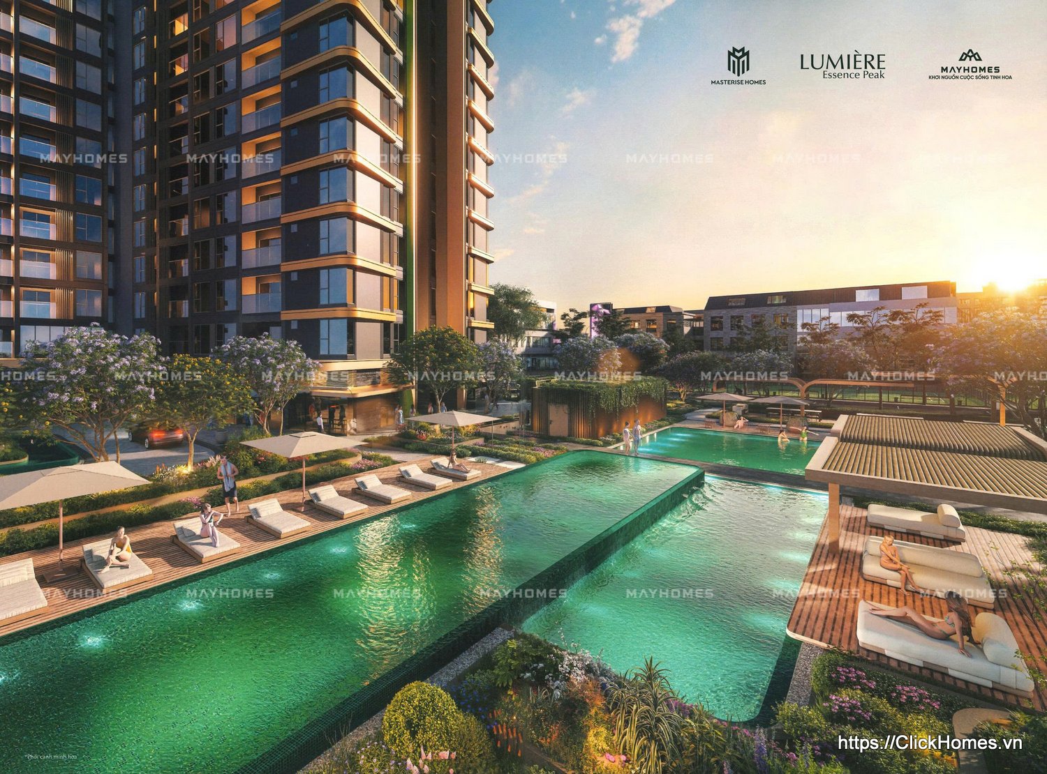 Tiện ích hồ bơi và cảnh quan xanh tại LUMIÈRE Essence Peak Vinhomes Cổ Loa